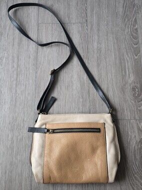 Fossil Lane NS Genuine Leather Crossbody Bag Cream Tan Colorblock Black Strap